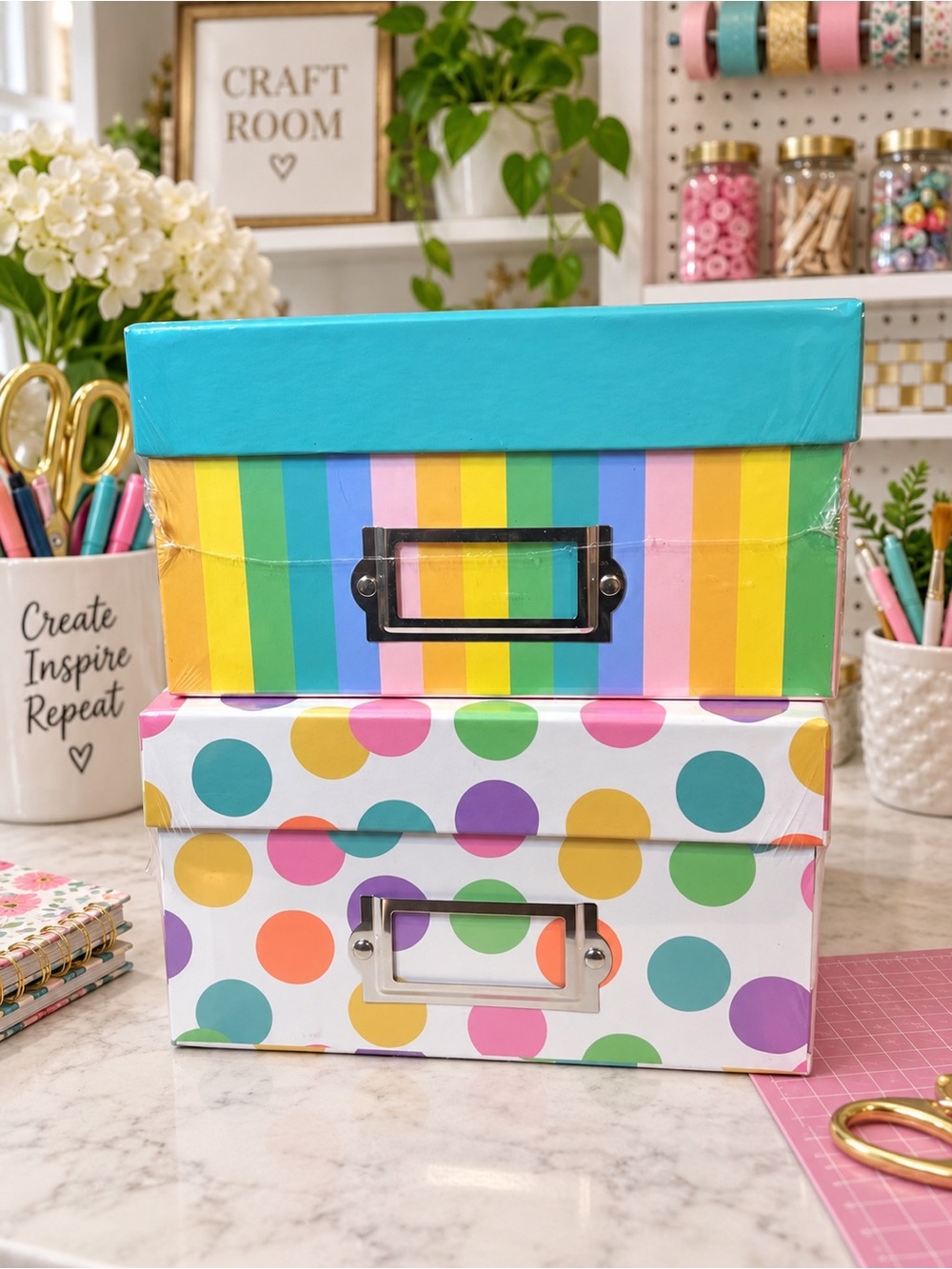 2-NIB Colorful Pastel Polka Dot & Stripe Photo Storage Boxes 8x11 5” tall